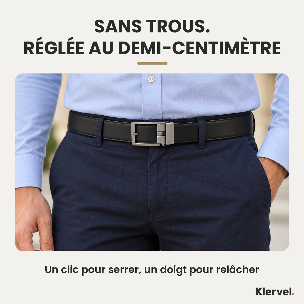 Sans trous, réglée au demi-centimètre : la ceinture Klervel noire portée