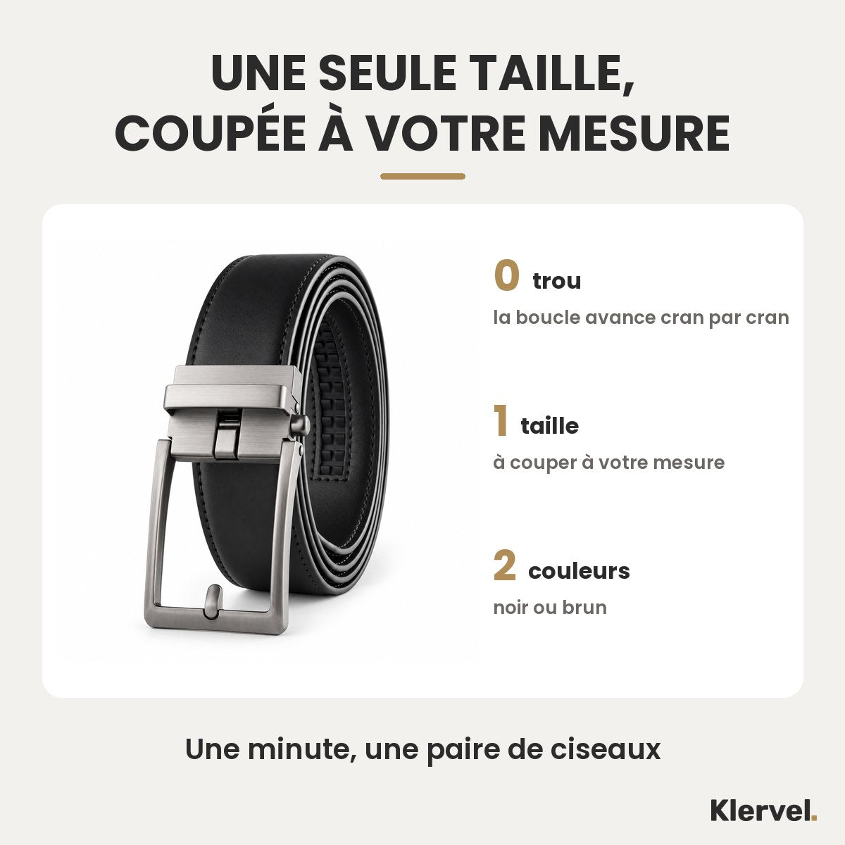 La ceinture Klervel : une seule taille, à couper à votre mesure, noir ou brun