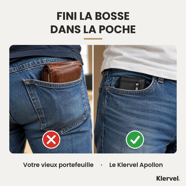 Un gros portefeuille qui déforme la poche, à côté du Klervel Apollon glissé à plat