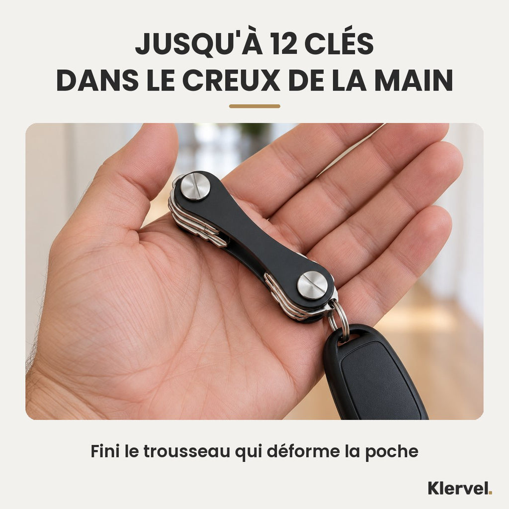 Jusqu'à 12 clés dans le creux de la main : le porte-clés Klervel refermé, avec une clé d'auto