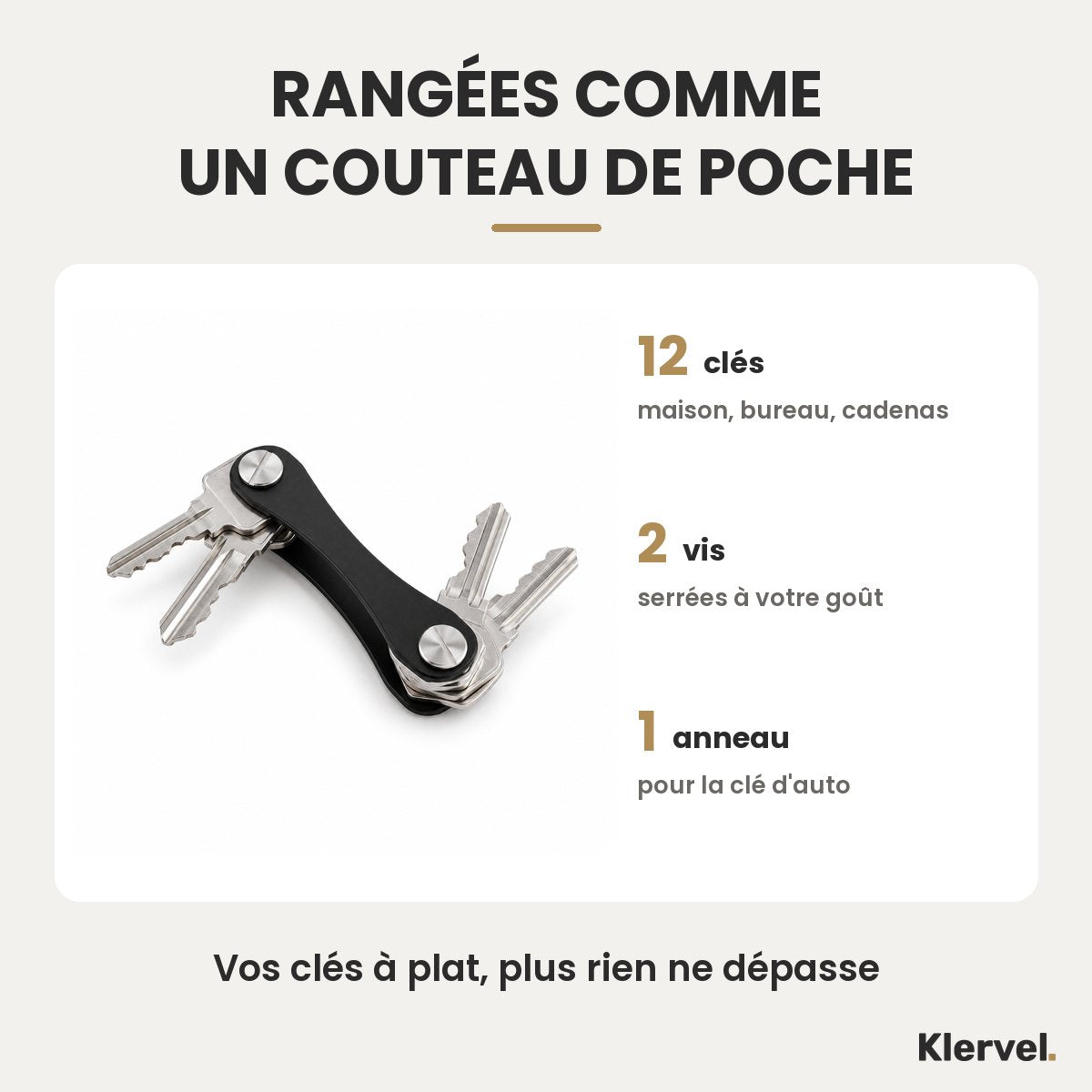 Le porte-clés Klervel : 12 clés, 2 vis, 1 anneau pour la clé d'auto